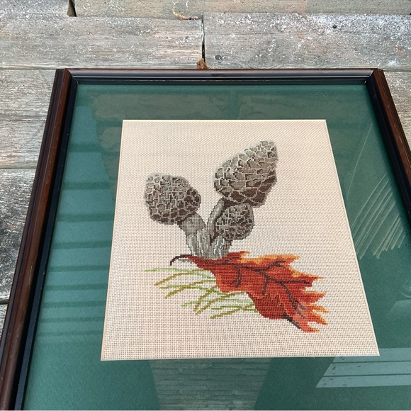 Handmade Needlepoint Mushrooms Framed Set of 3 Cottagecore Rustic Decor Art - Picture 2 of 8